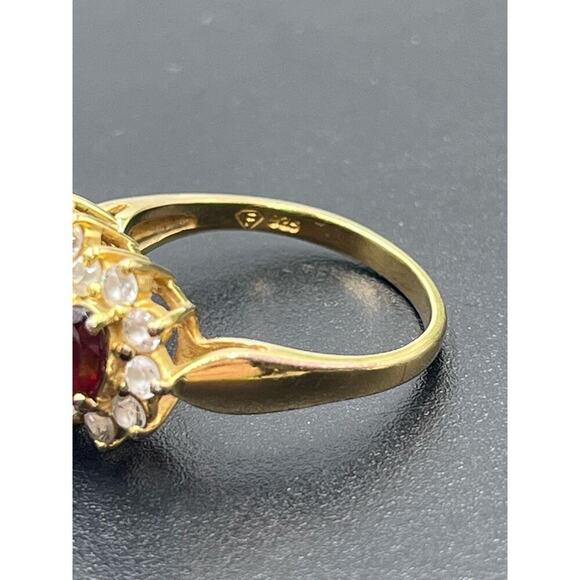 Vintage Vermeil Sterling Triple Oval Garnet Trilogy Engagement Ring Cz Diamond - Picture 7 of 11